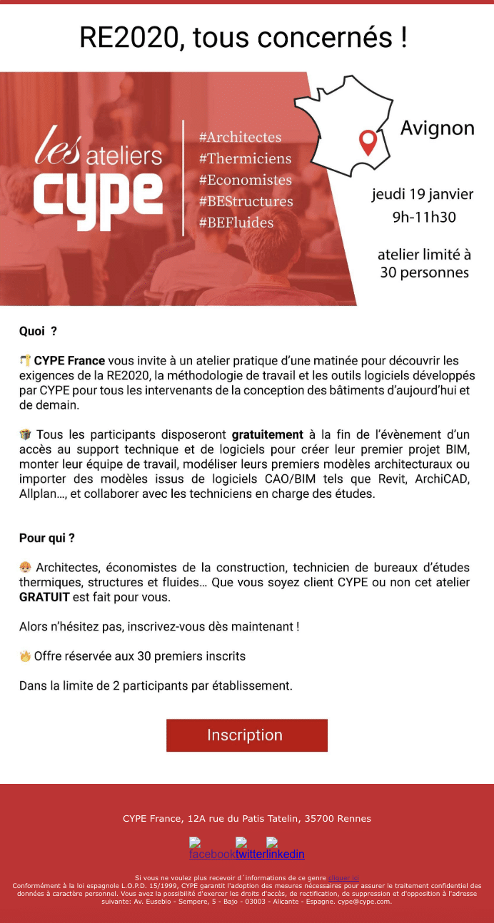 Image d'un emailing envoyé aux clients de CYPE France pour promouvoir l'atelier RE2020 : Tous concernés, qui a eu lieu le 19 janvier 2023 à Avignon.
