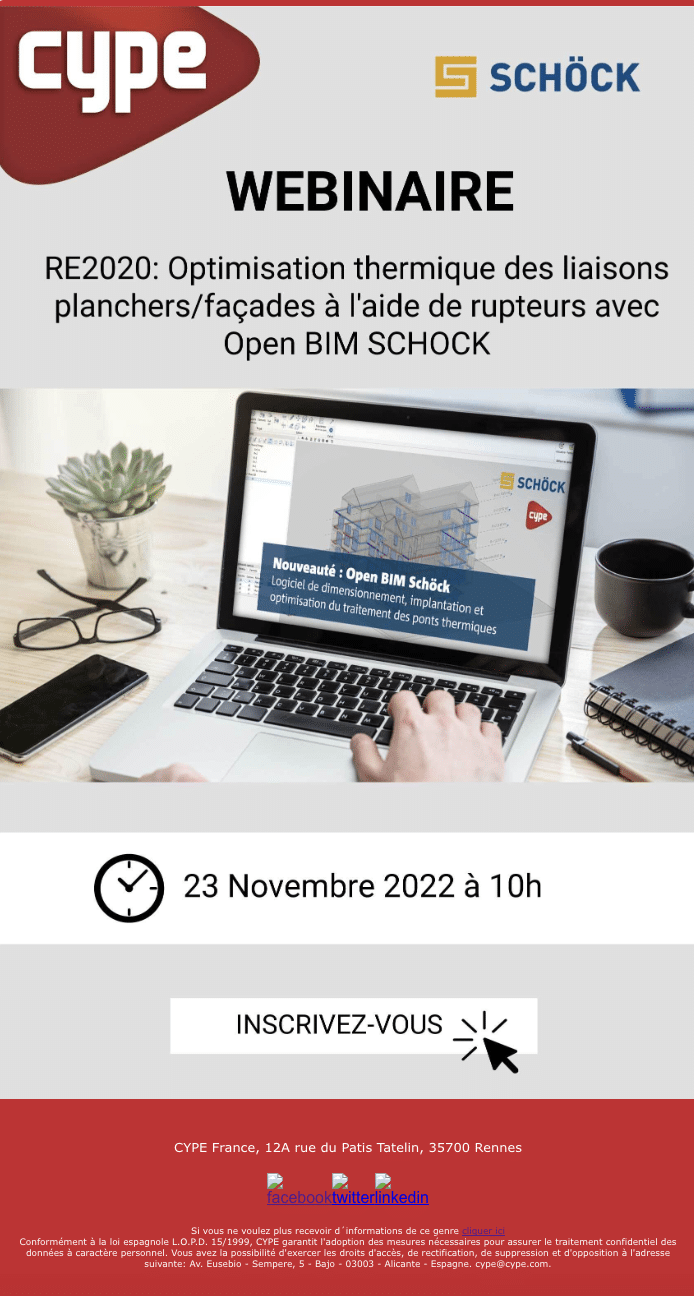 Image d'un emailing envoyé aux clients de CYPE France pour promouvoir le webinaire sur la RE2020, qui a eu lieu le 23 novembre 2022.