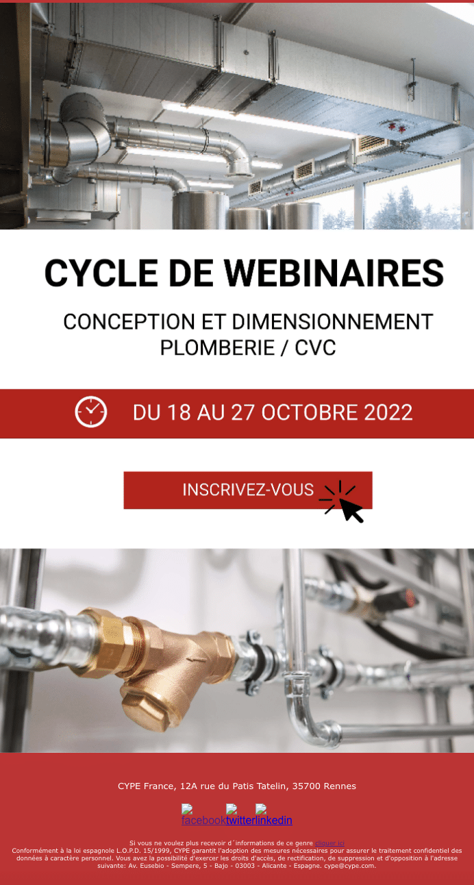 Image d'un emailing envoyé aux clients de CYPE France pour promouvoir le cycle de webinaires sur la conception et le dimensionnement en plomberie / CVC, qui s'est tenu du 18 au 27 octobre 2022.