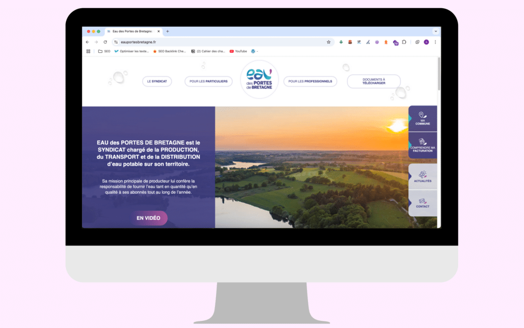 Capture d’écran du site web du Syndicat Mixte des Eaux de la Valière, désormais appelé Eau des Portes de Bretagne, affiché sur un écran d’ordinateur après sa refonte.