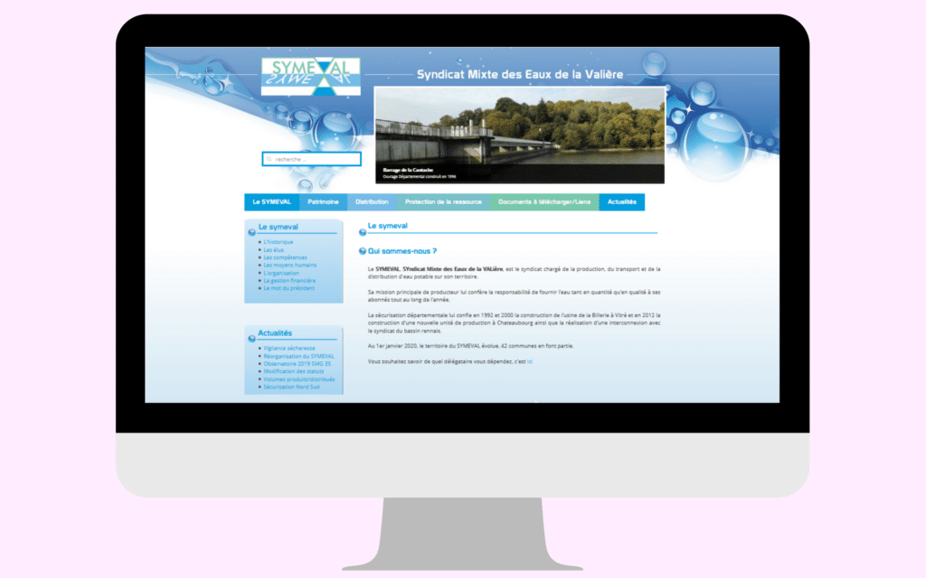 Capture d’écran du site web du Syndicat Mixte des Eaux de la Valière affiché sur un écran d’ordinateur avant la refonte.